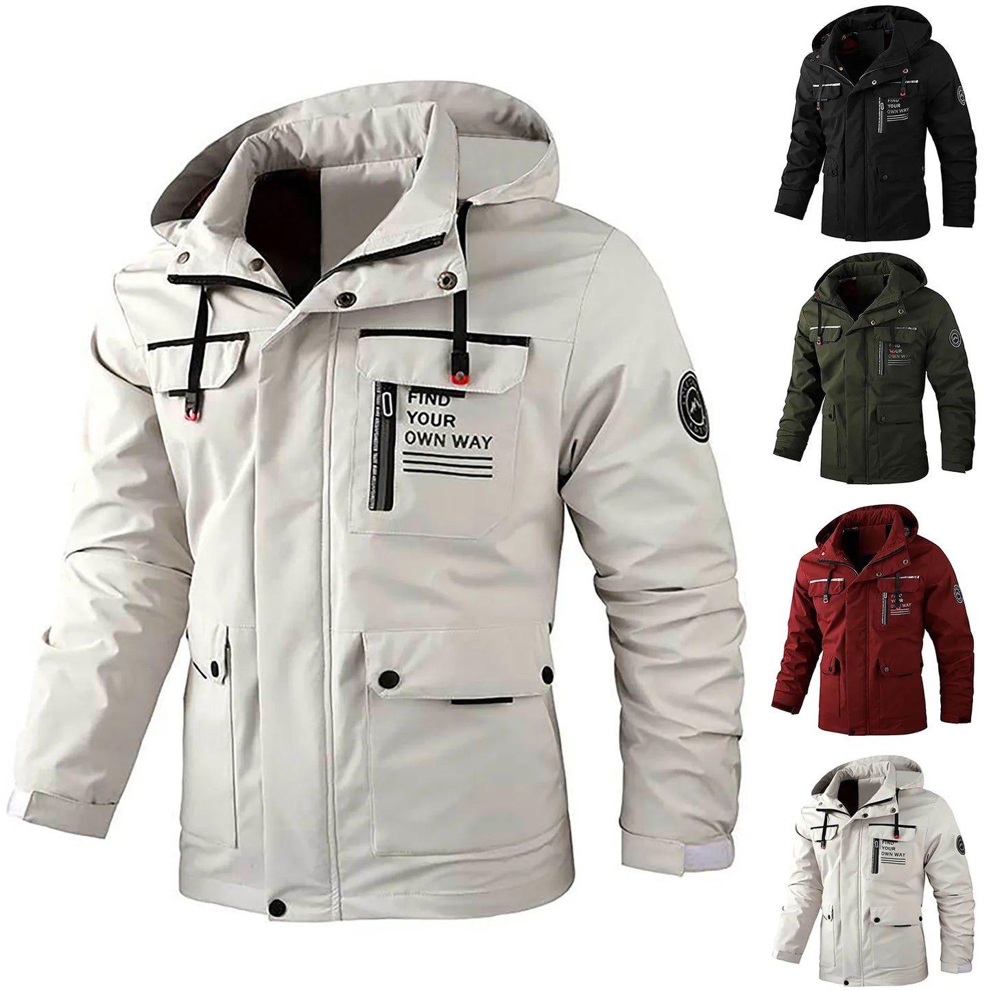 Mens Outdoor Hooded Tactical Jackets Solid Color Long Sleeve Zipper Pocket Windbreaker Male Autumn Winter Windproof Coat for Men